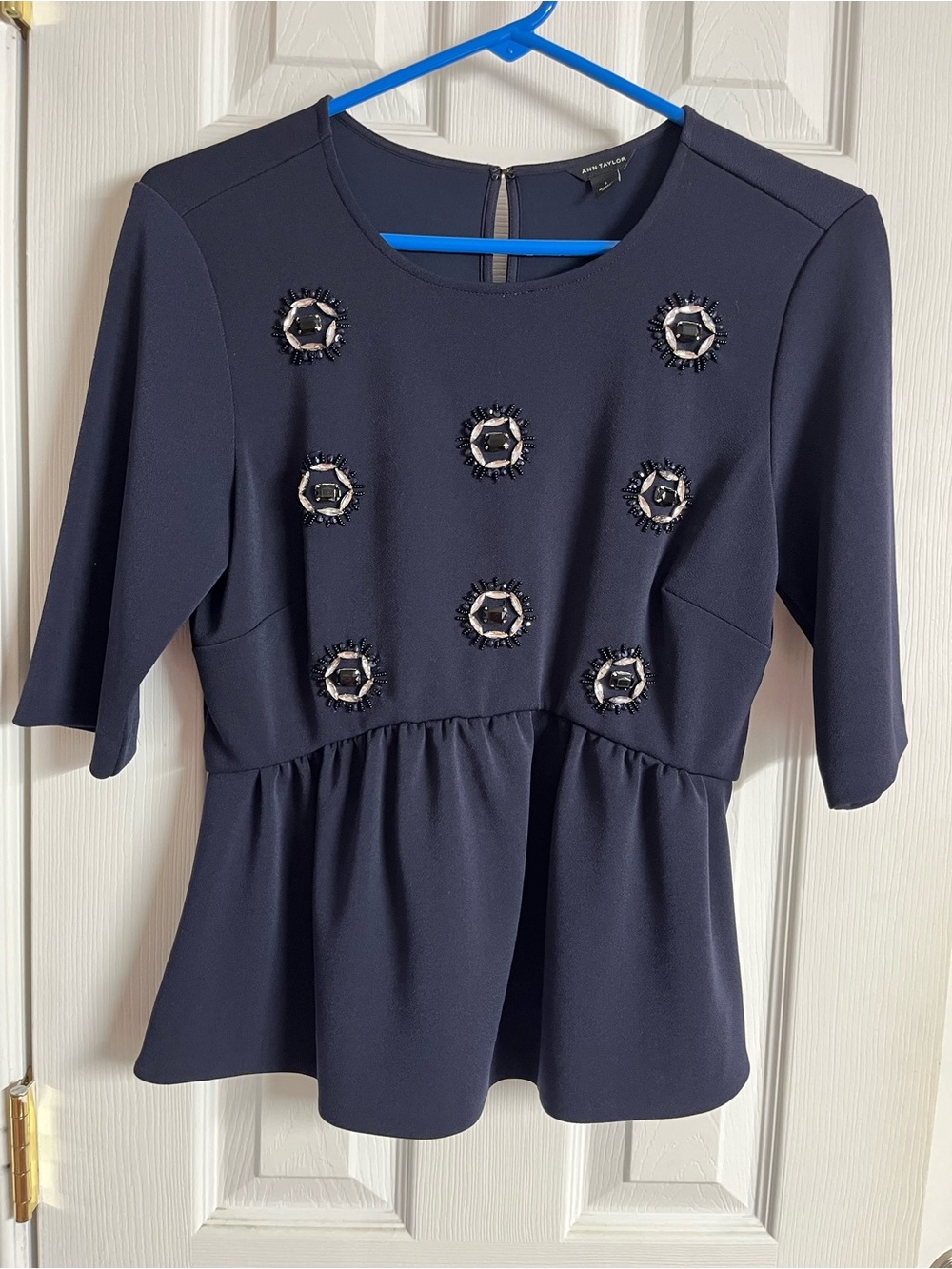 Ann Taylor Navy Jeweled Peplum Blouse